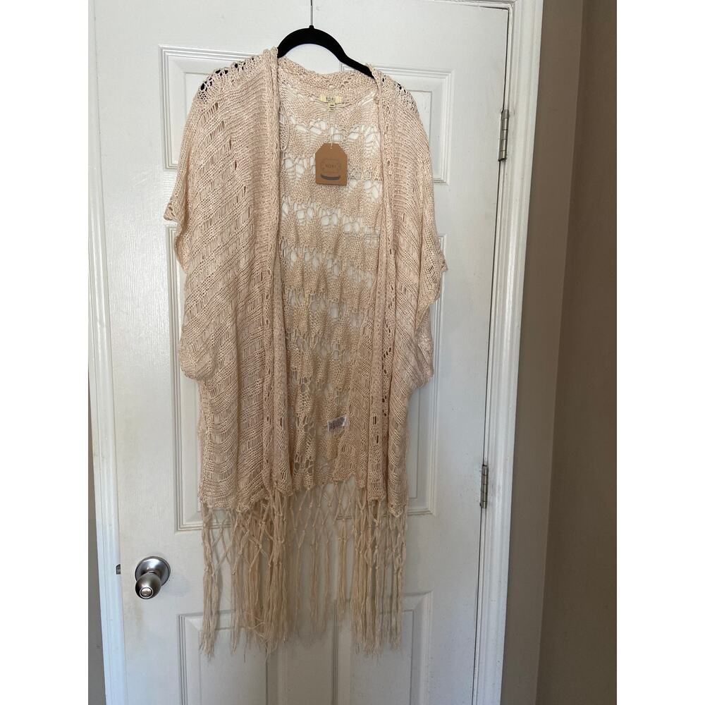 Kori oatmeal fringe knit crochet kimono cardigan jacket Size S/M NWT